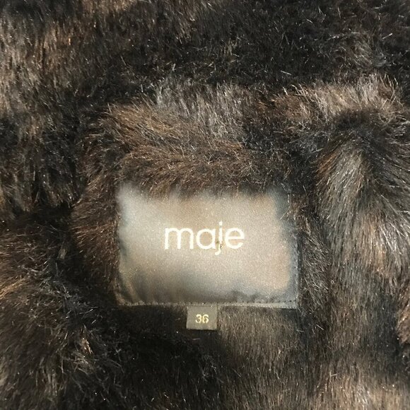 Maje Black Fur trimmed Hood & Faux Fur Lining Coat With Silver Zippers Size S - Picture 6 of 8